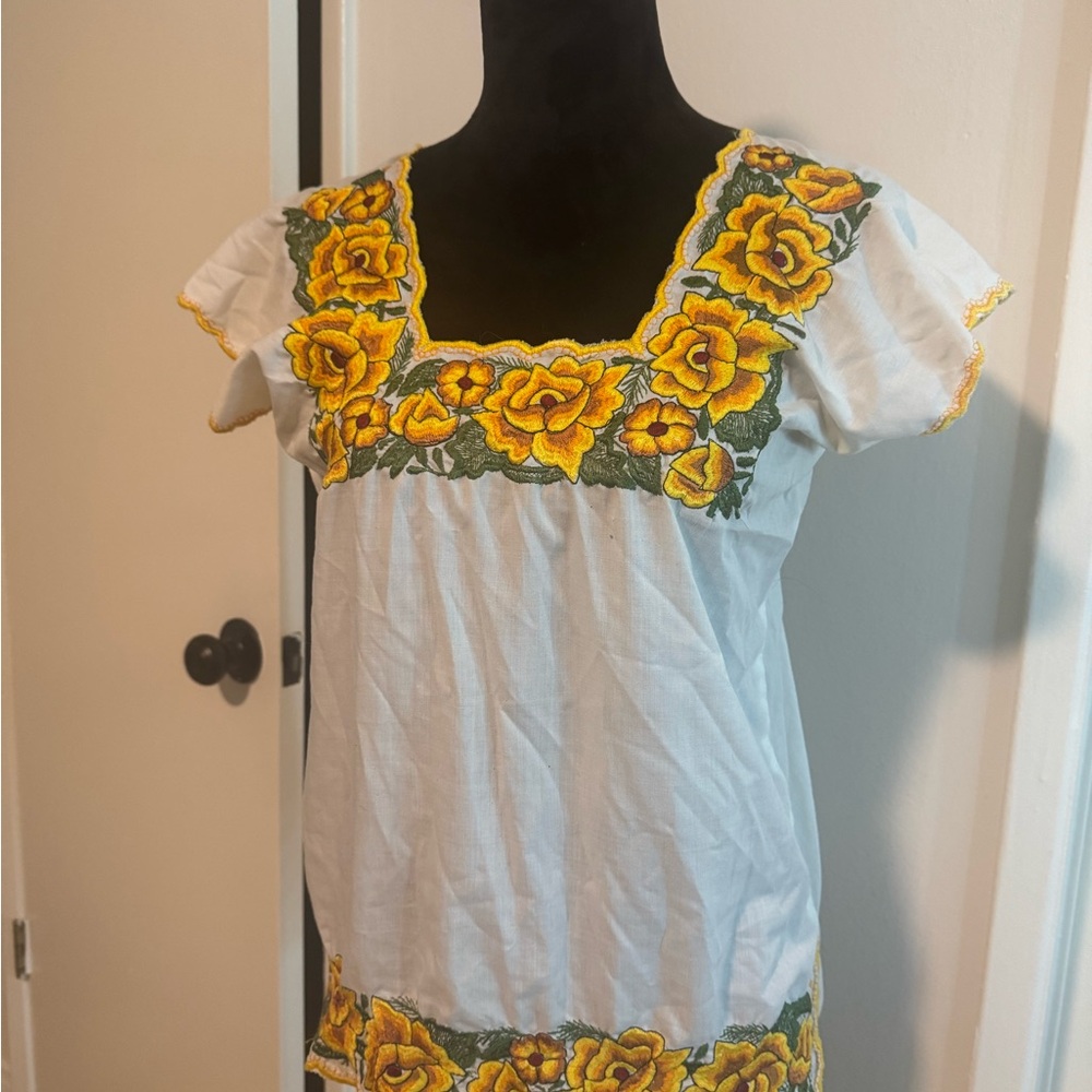 Embroidered Floral White and Yellow Women's Top
